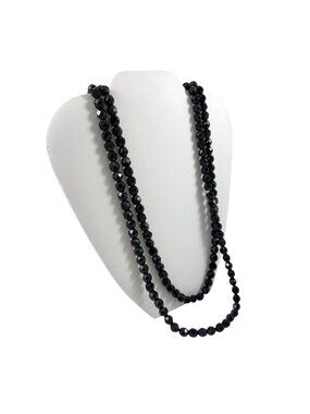 Black Jet Glass Bead Long Necklace Vintage 1960s Faceted 1 Strand Jet Beads